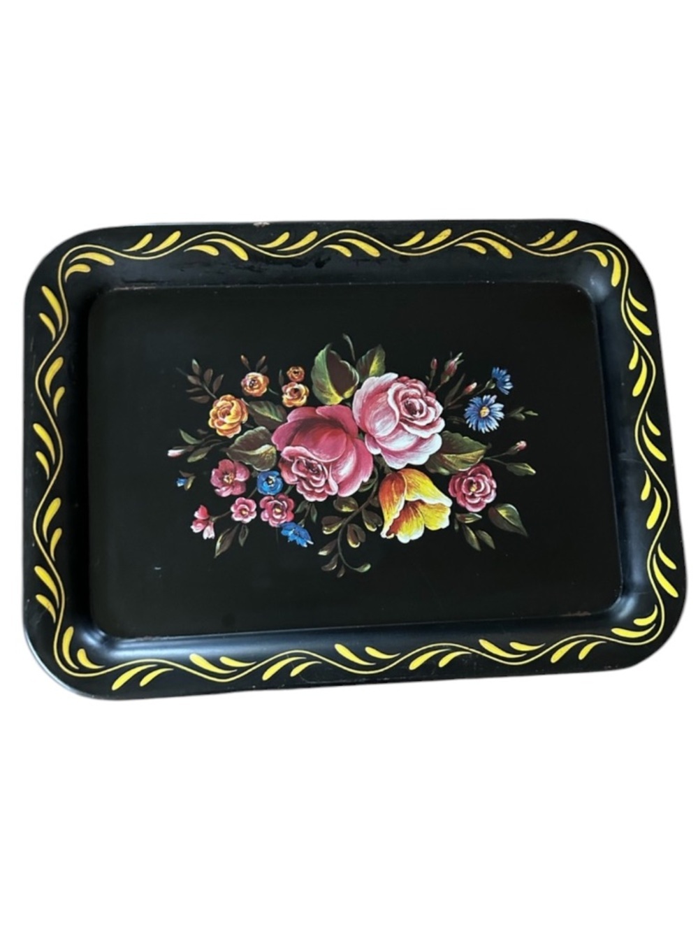 Vintage Toleware Black Metal Tray with Handpainted Vibrant Florals
